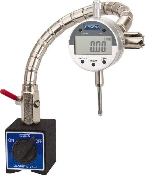 Fowler - 0.0005" Graduation, 0-15-0 Dial Reading, Electronic Indicator & Base Kit - 0.01mm Resolution, 1-1/4" Base Length x 1-1/4" Base Height, 1.26" Base Diam, 2-1/4" Dial Diam - Eagle Tool & Supply