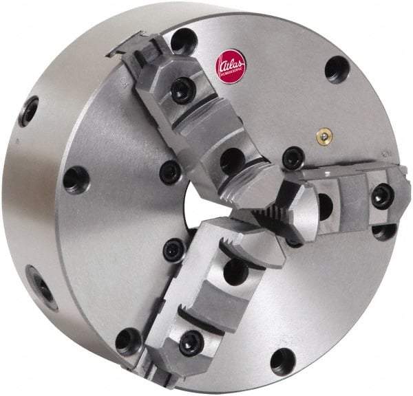 Atlas Workholding - 3 Jaws, 6" Diam, Self Centering Manual Lathe Chuck - Plain Back Mount Spindle, Adjustable, Reversible, 3,000 Max RPM, 1.54" Through Hole Diam, Cast Iron - Eagle Tool & Supply