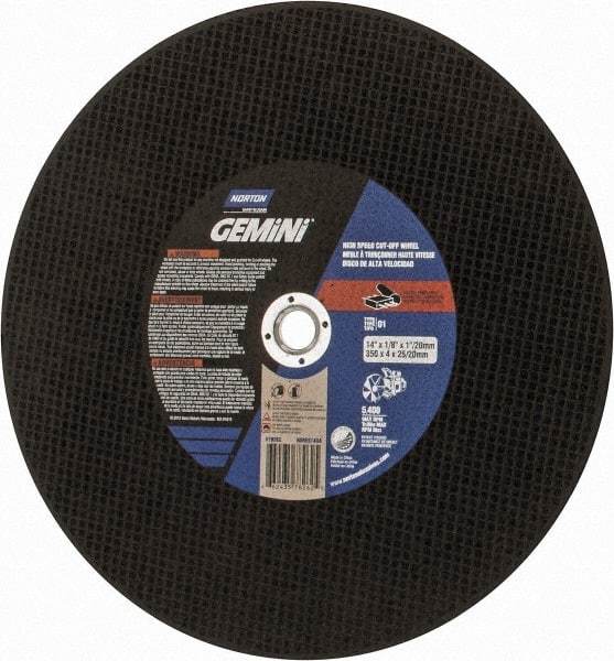 Norton - 14" Aluminum Oxide Cutoff Wheel - 1/8" Thick, 20mm Arbor, 5,400 Max RPM, Use with Angle Grinders - Eagle Tool & Supply