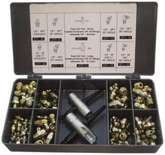 PRO-LUBE - 101 Piece, Inch, Box Plastic Steel Grease Fitting Set - Includes PTF, UNF Thread Types, Includes 1/4-28 SAE-LT: (22) Straight, (10) 45°, (10) 90°, 1/8-27 PTF: (22) Straight, (5) 30°, (10) 45°, (10) 65°, (10) 90° - Eagle Tool & Supply