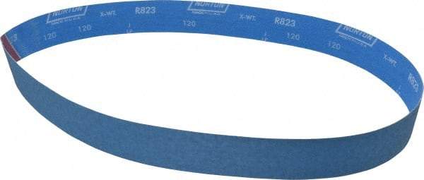 Norton - 2" Wide x 48" OAL, 120 Grit, Zirconia Alumina Abrasive Belt - Zirconia Alumina, Fine, Coated, X Weighted Cloth Backing, Series R823 - Eagle Tool & Supply