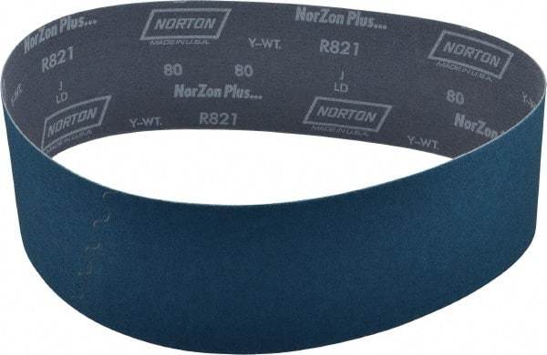 Norton - 4" Wide x 36" OAL, 80 Grit, Zirconia Alumina Abrasive Belt - Zirconia Alumina, Medium, Coated, Y Weighted Cloth Backing, Dry, Series R821 - Eagle Tool & Supply