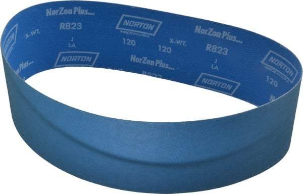 Norton - 4" Wide x 36" OAL, 120 Grit, Zirconia Alumina Abrasive Belt - Zirconia Alumina, Fine, Coated, X Weighted Cloth Backing, Series R823 - Eagle Tool & Supply