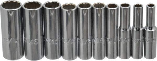 Proto - 10 Piece 1/4" Drive Deep Well Socket Set - 12 Points, 3/16" to 9/16" Range, Inch Measurement Standard - Eagle Tool & Supply