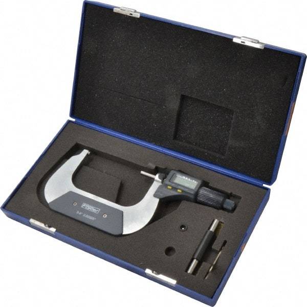 Fowler - 3 to 4 Inch Range, 0.0001 Inch Resolution, Standard Throat, IP54 Electronic Outside Micrometer - 0.0002 Inch Accuracy, Friction Thimble, 357 Battery, Data Output, Includes Case and Wrench - Eagle Tool & Supply