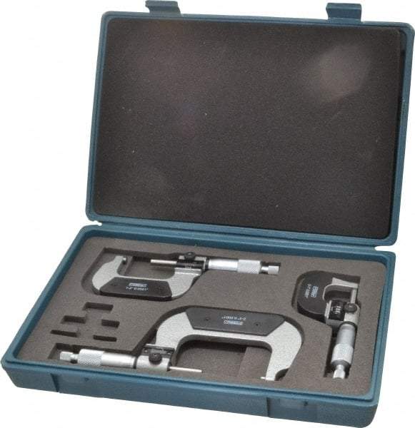 Fowler - 0 to 3" Range, 3 Piece Mechanical Outside Micrometer Set - 0.0001" Graduation, 0.00005 (0 to 1), 0.00016 (1 to 3)" Accuracy, Ratchet Stop Thimble, Carbide Tipped Face - Eagle Tool & Supply