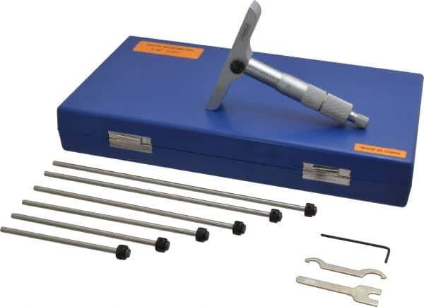 Fowler - 0 to 6" Range, 6 Rod, Satin Chrome Finish Mechanical Depth Micrometer - Ratchet Stop Thimble, 4" Base Length, 0.001" Graduation, 0.176" Rod Diam - Eagle Tool & Supply