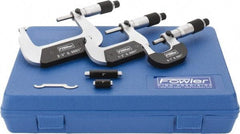 Fowler - 0 to 3" Range, 3 Piece Mechanical Outside Micrometer Set - 0.0001" Graduation, 0.0001 (0 to 2)" Accuracy, Ratchet-Friction Thimble, Carbide Tipped Face - Eagle Tool & Supply