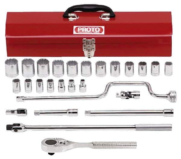 Proto - 26 Piece 1/2" Drive Socket Set - 12 Points, 3/8" to 1-1/4" Range, Inch Measurement Standard - Eagle Tool & Supply
