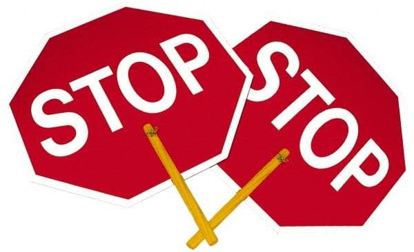 NMC - "Stop", 18" Wide x 18" High, Plastic Stop & Yield Signs - Black on Orange, White on Red, Octagon, Handheld Mount - Eagle Tool & Supply