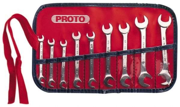 Proto - 9 Piece, 7/32" x 7/32" to 1/2" x 1/2", Open End Wrench Set - Inch Measurement Standard, Satin Finish, Comes in Nylon Roll - Eagle Tool & Supply