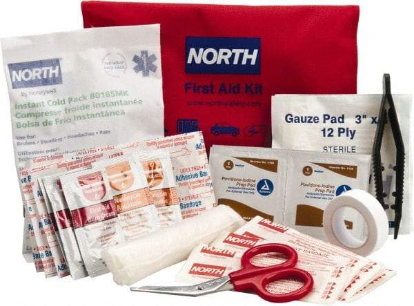 North - 39 Piece, 10 Person, Multipurpose/Auto/Travel First Aid Kit - 4-1/2" Wide x 1-1/2" Deep x 7" High, Nylon Bag - Eagle Tool & Supply