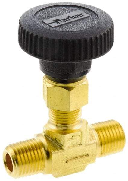 Parker - 3,000 Max psi, 3/8" Pipe, Brass, Inline Instrumentation Needle Valve - MNPT x MNPT End Connections - Eagle Tool & Supply