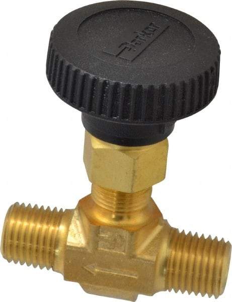 Parker - 3,000 Max psi, 1/4" Pipe, Brass, Inline Instrumentation Needle Valve - MNPT x MNPT End Connections - Eagle Tool & Supply