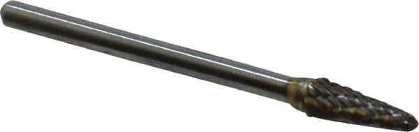 Atrax - 3/16" Cut Diam, 1/8" Shank Diam, Taper Head Double Cut Burr - Radius End, 1/2" LOC, 1-1/2" OAL - Eagle Tool & Supply