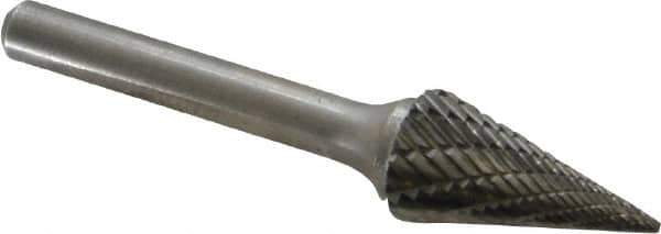 Atrax - 1/2" Cut Diam, 1/4" Shank Diam, Cone Head Double Cut Burr - Carbide, Point End, 7/8" LOC, 2-3/4" OAL - Eagle Tool & Supply