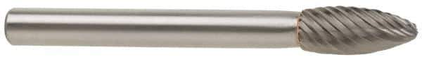 Atrax - 3/4" Cut Diam, 1/4" Shank Diam, Flame Head Single Cut Burr - Carbide, Radius End, 1-5/8" LOC, 3-3/8" OAL - Eagle Tool & Supply