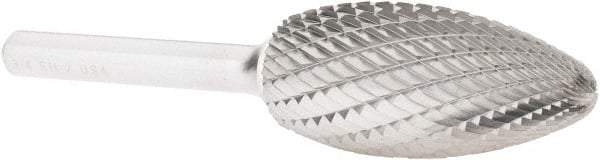 Atrax - 3/4" Cut Diam, 1/4" Shank Diam, Flame Head Double Cut Burr - Carbide, Radius End, 1-5/8" LOC, 3-3/8" OAL - Eagle Tool & Supply