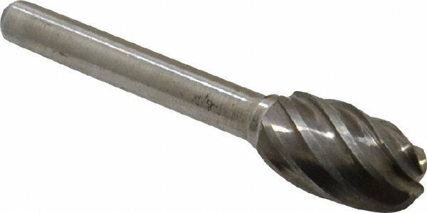 Atrax - 1/2" Cut Diam, 1/4" Shank Diam, Oval Head Fluted Cut Burr - Radius End, 7/8" LOC, 2-5/8" OAL - Eagle Tool & Supply