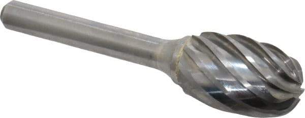 Atrax - 5/8" Cut Diam, 1/4" Shank Diam, Oval Head Fluted Cut Burr - Radius End, 1" LOC, 2-3/4" OAL - Eagle Tool & Supply