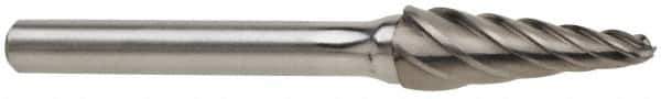 Atrax - 5/8" Cut Diam, 1/4" Shank Diam, Taper Head Fluted Cut Burr - Radius End, 1-5/16" LOC, 3-3/16" OAL - Eagle Tool & Supply