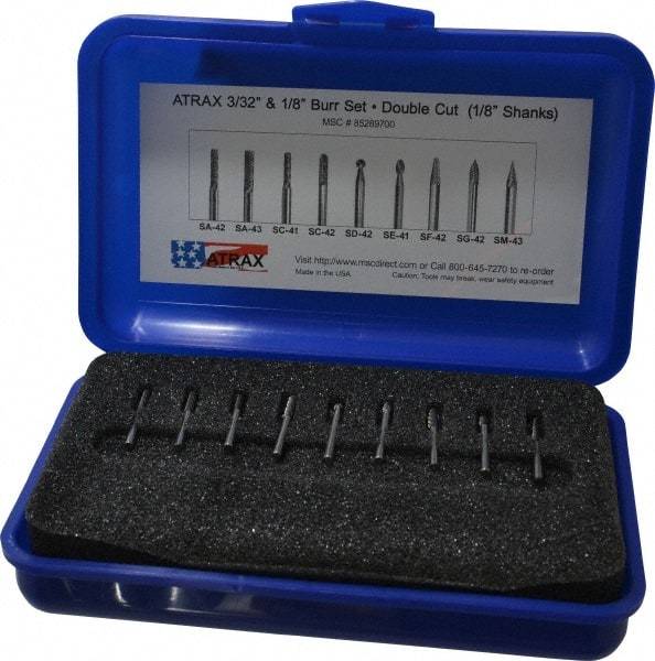 Atrax - 9 Piece, 1/8" Shank Burr Set - Tungsten Carbide, Multiple Head Shape - Eagle Tool & Supply