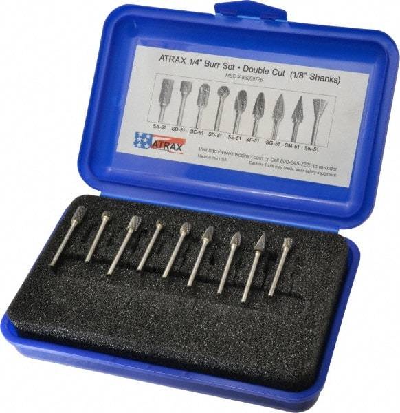 Atrax - 9 Piece, 1/8" Shank Burr Set - Tungsten Carbide, Multiple Head Shape - Eagle Tool & Supply