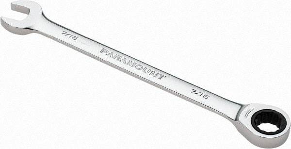 Paramount - 7/16" 12 Point Ratcheting Combination Wrench - 6-1/2" OAL, Chrome Vanadium Steel, Polished Finish - Eagle Tool & Supply