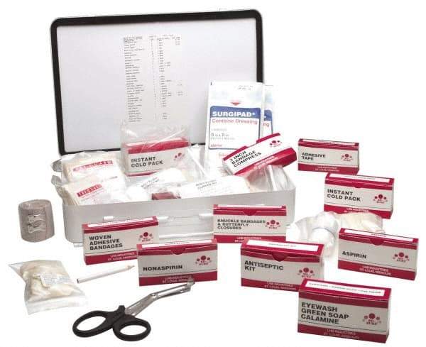 Ability One - 250 Piece, 25 Person, Full First Aid Kit - 10" Wide x 2-3/4" Deep x 14-1/2" High, Metal Case - Eagle Tool & Supply