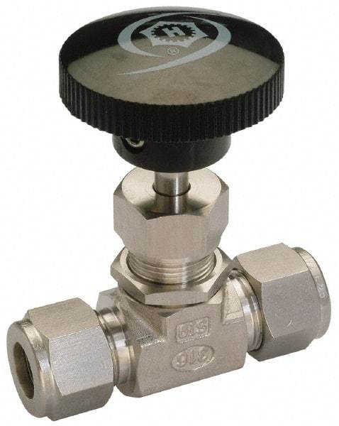 Ham-Let - 5,000 Max psi, 3/8" Pipe, 316 Grade Stainless Steel, Inline Stem Vee Instrumentation Needle Valve - Compression x Compression End Connections, Swaglok SS-1VS6 - Eagle Tool & Supply