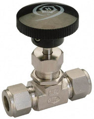 Ham-Let - 5,000 Max psi, 3/8" Pipe, 316 Grade Stainless Steel, Inline Stem Vee Instrumentation Needle Valve - Compression x Compression End Connections, Swaglok SS-1VS6 - Eagle Tool & Supply