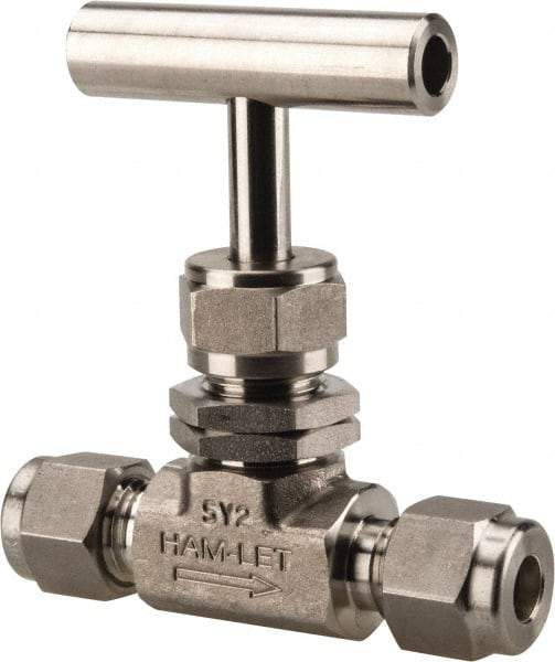 Ham-Let - 5,000 Max psi, 1/4" Pipe, 316 Grade Stainless Steel, Inline Stem Regulating Instrumentation Needle Valve - Compression x Compression End Connections, Swaglok SS-1RS4-SH - Eagle Tool & Supply