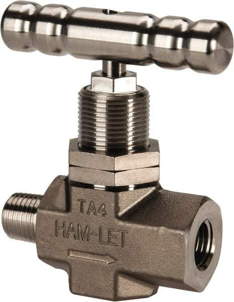 Ham-Let - 5,000 Max psi, 1/4" Pipe, 316 Grade Stainless Steel, Inline Soft Seat Instrumentation Needle Valve - MNPT x FNPT End Connections, Swaglok SS-1KM4-F4-SH - Eagle Tool & Supply