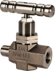 Ham-Let - 5,000 Max psi, 1/4" Pipe, 316 Grade Stainless Steel, Inline Soft Seat Instrumentation Needle Valve - MNPT x FNPT End Connections, Swaglok SS-1KM4-F4-SH - Eagle Tool & Supply