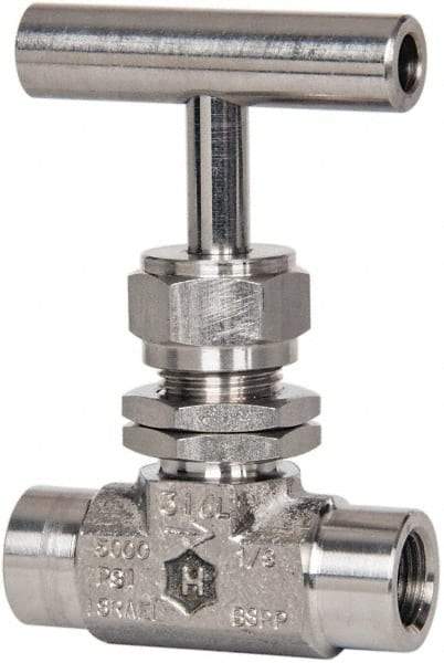 Ham-Let - 5,000 Max psi, 1/4" Pipe, 316 Grade Stainless Steel, Inline Stem Vee Instrumentation Needle Valve - FNPT x FNPT End Connections, Swaglok SS-1VF4-SH - Eagle Tool & Supply