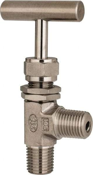 Ham-Let - 5,000 Max psi, 1/4" Pipe, 316 Grade Stainless Steel, Angled Instrumentation Needle Valve - MNPT x MNPT End Connections, Swaglok SS-1RM4-A - Eagle Tool & Supply