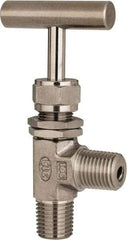 Ham-Let - 5,000 Max psi, 1/4" Pipe, 316 Grade Stainless Steel, Angled Instrumentation Needle Valve - MNPT x MNPT End Connections, Swaglok SS-1RM4-A - Eagle Tool & Supply