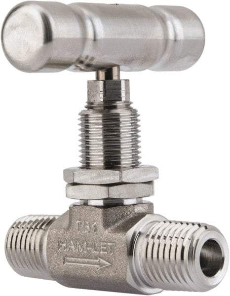 Ham-Let - 5,000 Max psi, 1/4" Pipe, 316 Grade Stainless Steel, Inline Stem Vee Instrumentation Needle Valve - MNPT x MNPT End Connections, Swaglok SS-1VM4-SH - Eagle Tool & Supply