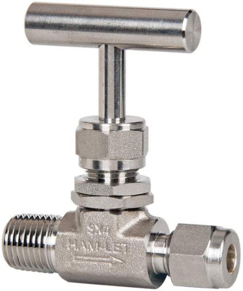 Ham-Let - 5,000 Max psi, 1/4" Pipe, 316 Grade Stainless Steel, Inline Stem Vee Instrumentation Needle Valve - MNPT x Compression End Connections, Swaglok SS-1VM4-S4 - Eagle Tool & Supply