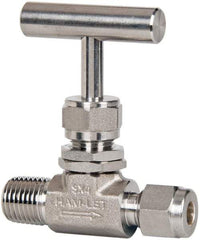 Ham-Let - 5,000 Max psi, 1/4" Pipe, 316 Grade Stainless Steel, Inline Stem Vee Instrumentation Needle Valve - MNPT x Compression End Connections, Swaglok SS-1VM4-S4 - Eagle Tool & Supply