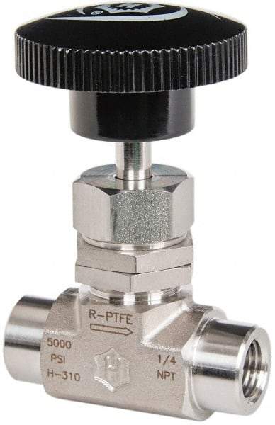 Ham-Let - 5,000 Max psi, 1/4" Pipe, 316 Grade Stainless Steel, Inline Stem Vee Instrumentation Needle Valve - FNPT x FNPT End Connections, Swaglok SS-1VF4 - Eagle Tool & Supply