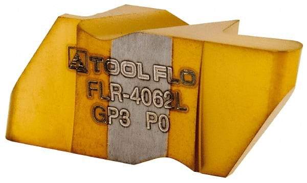 Tool-Flo - 4062FLR Grade GP3, 3.18mm Cutting Width Carbide Grooving Insert - 6.35mm Max Depth of Cut, Left Hand, 1/16" Corner Radius, TiN Finish - Eagle Tool & Supply