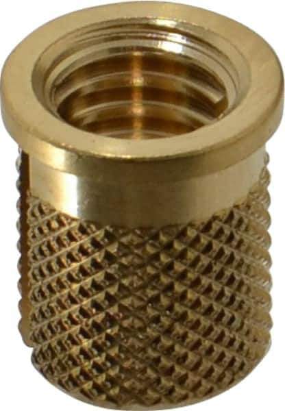 E-Z LOK - 5/16-18 UNC Brass Flanged Press Fit Threaded Insert for Plastic - 9/16" OAL, 0.389" Insert Diam, 0.357" Hole Diam, 3/8" Drill - Eagle Tool & Supply