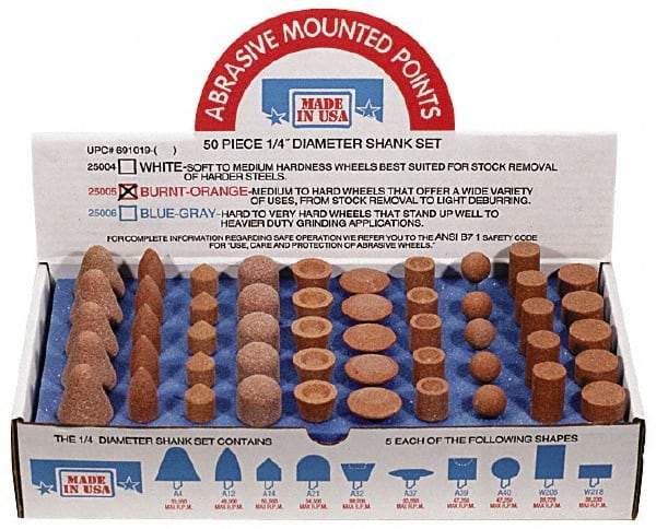 Made in USA - 50 Piece Aluminum Oxide Vitrified Mounted Stone Abrasive Point Set - Includes Shapes A4, A12, A14, A21, A32, A37, A39, A40, W206 & W218 - Eagle Tool & Supply