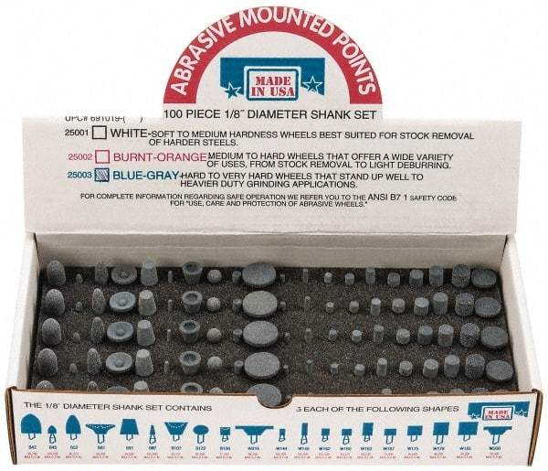 Made in USA - 100 Piece Aluminum Oxide Vitrified Mounted Stone Abrasive Point Set - Includes Shapes B42, B45, B52, B81, B91, B97, B102, B122, B136, W144, W146, W152, W160, W163, W167, W175, W176, W185, W200 & W215 - Eagle Tool & Supply
