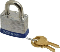 Master Lock - Keyed Alike Retaining Key Conductive Lockout Padlock - 3/4" Shackle Clearance, 9/32" Shackle Diam, 1-1/4" Body Height x 1-9/16" Body Width, Blue, 4 Pins - Eagle Tool & Supply