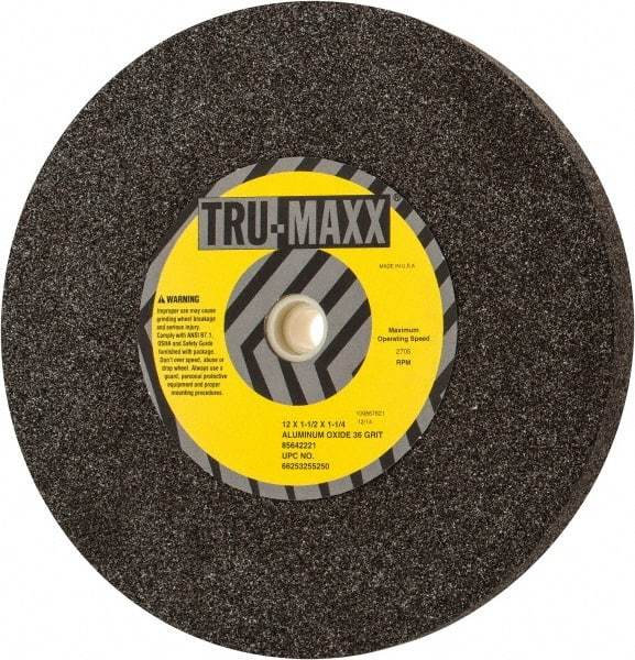 Tru-Maxx - 36 Grit Aluminum Oxide Bench & Pedestal Grinding Wheel - 12" Diam x 1-1/4" Hole x 1-1/2" Thick, 2705 Max RPM, P Hardness, Very Coarse Grade , Vitrified Bond - Eagle Tool & Supply