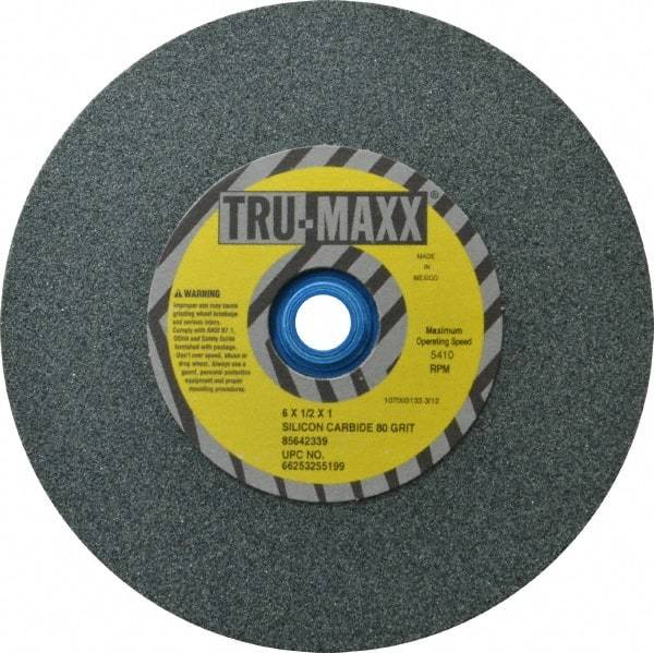 Tru-Maxx - 80 Grit Silicon Carbide Bench & Pedestal Grinding Wheel - 6" Diam x 1" Hole x 1/2" Thick, 5410 Max RPM, K Hardness, Medium Grade , Vitrified Bond - Eagle Tool & Supply