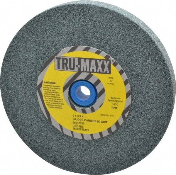 Tru-Maxx - 60 Grit Silicon Carbide Bench & Pedestal Grinding Wheel - 6" Diam x 1" Hole x 3/4" Thick, 5410 Max RPM, K Hardness, Medium Grade , Vitrified Bond - Eagle Tool & Supply