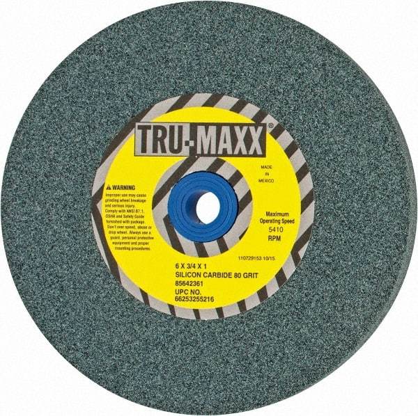 Tru-Maxx - 80 Grit Silicon Carbide Bench & Pedestal Grinding Wheel - 6" Diam x 1" Hole x 3/4" Thick, 5410 Max RPM, K Hardness, Medium Grade , Vitrified Bond - Eagle Tool & Supply